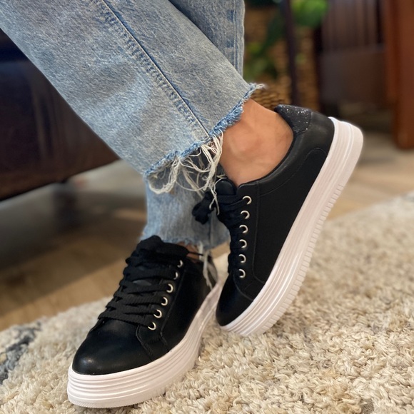 Black Vegan Leather White Platform Lace Up Sneakers with Black Glitter - Picture 2 of 9